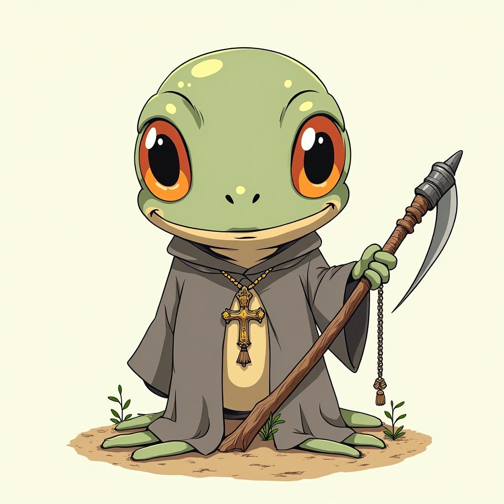 Grim Reaper frog with a scythe and rosaryGhibli, Studio Ghibli aesthetic, hand-drawn anime style, retro nostalgic atmosphere, retro soft pastel color palette with earthy tones, retro Japanese cinematic shot, yellow tint effect, bald character, smooth surface, anime shadow 90's anime style - Variation 2