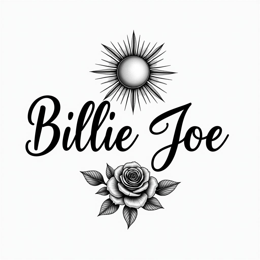 I want a tattoo of my wife’s name Billie Joe incorporating the sun and the moonin elegant cursive calligraphy style 2d tattoo, decorate with roses, featuring a smooth and flowing handwritten script with slightly thickened strokes for a luxurious and bold appearance,  heart symbol between names,  sleek and glossy black text with shadowing, minimalist matte white background, clean and sharp edges, illuminated with soft lighting, romantic, 8k, high-quality textures with refined typography