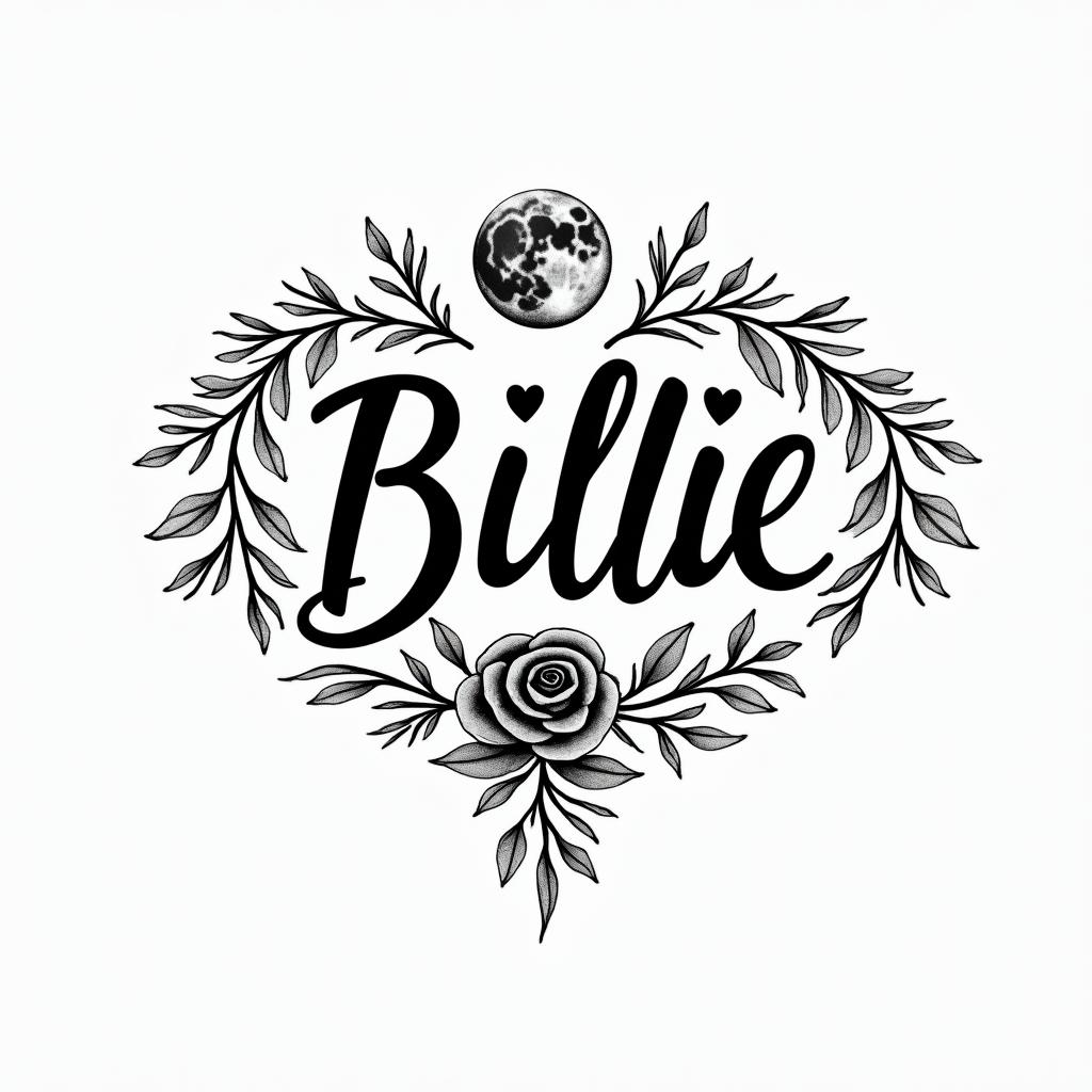 I want a tattoo of my wife’s name Billie Joe incorporating the sun and the moonin elegant cursive calligraphy style 2d tattoo, decorate with roses, featuring a smooth and flowing handwritten script with slightly thickened strokes for a luxurious and bold appearance,  heart symbol between names,  sleek and glossy black text with shadowing, minimalist matte white background, clean and sharp edges, illuminated with soft lighting, romantic, 8k, high-quality textures with refined typography - Variation 4