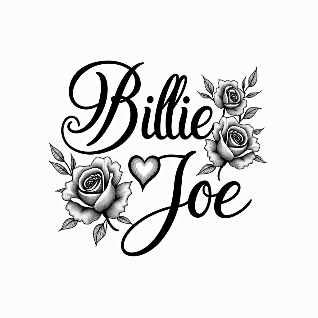 I want a tattoo of my wife’s name Billie Joe incorporating the sun and the moonin elegant cursive calligraphy style 2d tattoo, decorate with roses, featuring a smooth and flowing handwritten script with slightly thickened strokes for a luxurious and bold appearance,  heart symbol between names,  sleek and glossy black text with shadowing, minimalist matte white background, clean and sharp edges, illuminated with soft lighting, romantic, 8k, high-quality textures with refined typography - Variation 2