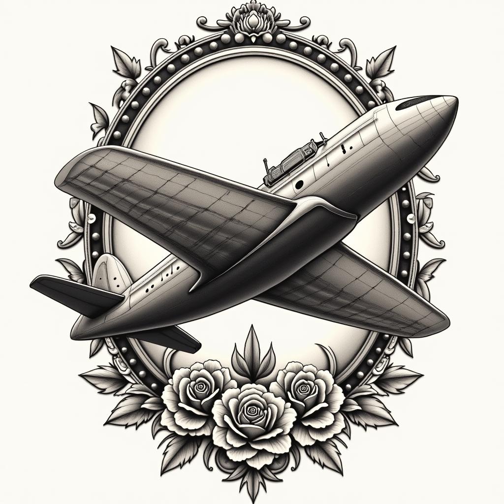 Airplane, tiger, mechanicalin victorian style tattoo, featuring vintage and elegant elements, ornate frames, roses, antique, sepia-toned color scheme - Variation 2