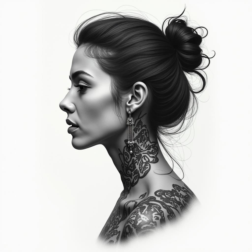 My life, July, cancer, Mexico, momin portrait tattoo style, featuring a highly realistic and detailed depiction 