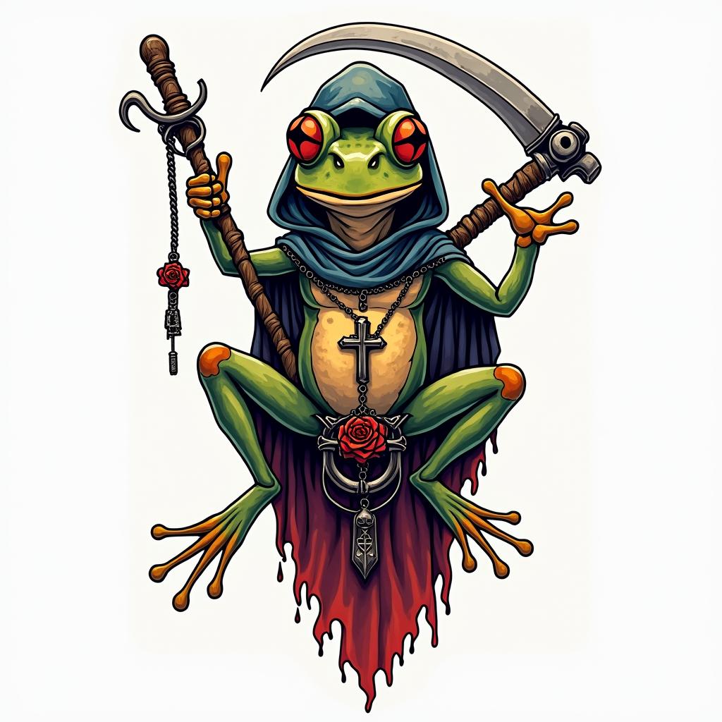 Grim Reaper frog with a scythe and rosaryin new school tattoo, pop culture, modern, detailed tattoo, illustrative - Variation 3