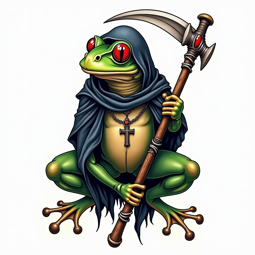 Grim Reaper frog with a scythe and rosaryin new school tattoo, pop culture, modern, detailed tattoo, illustrative - Variation 4