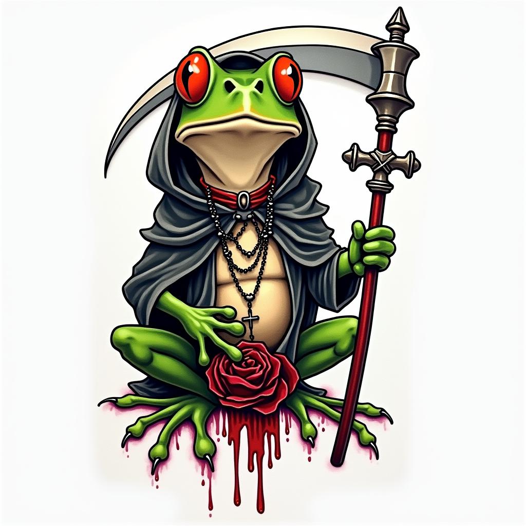 Grim Reaper frog with a scythe and rosaryin new school tattoo, pop culture, modern, detailed tattoo, illustrative - Variation 2