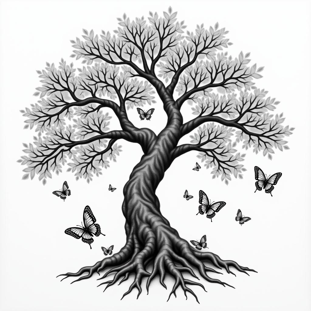 Japanese tree surrounded by 7 birth butterflies, the tree starts on the chest and a branch ends on the index finger of the left arm where the butterflies will be on the branch of the left arm around.higly detailed tattoo - Variation 8