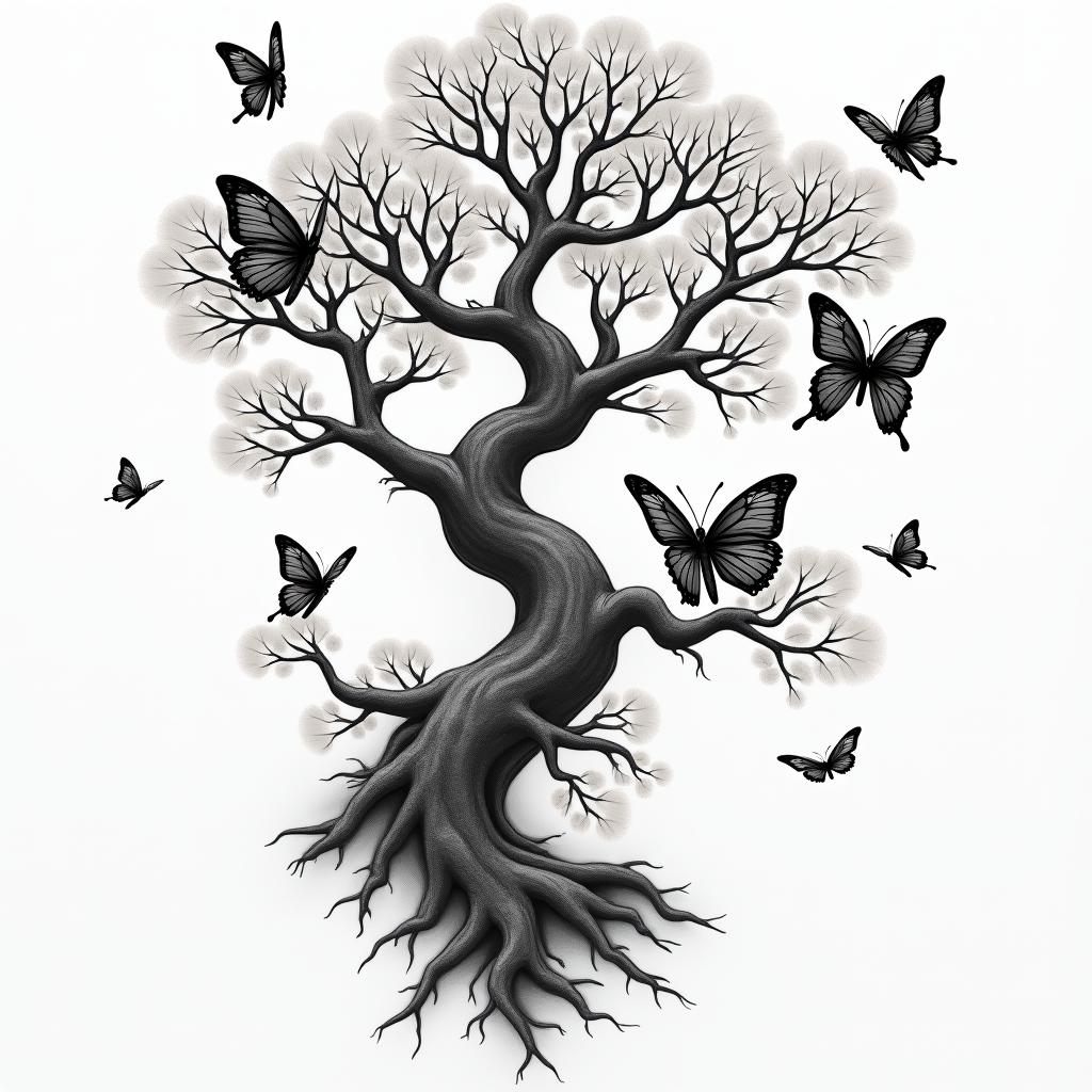 Japanese tree surrounded by 7 birth butterflies, the tree starts on the chest and a branch ends on the index finger of the left arm where the butterflies will be on the branch of the left arm around.higly detailed tattoo - Variation 5