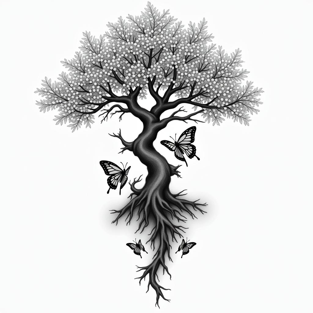 Japanese tree surrounded by 7 birth butterflies, the tree starts on the chest and a branch ends on the index finger of the left arm where the butterflies will be on the branch of the left arm around.higly detailed tattoo - Variation 7
