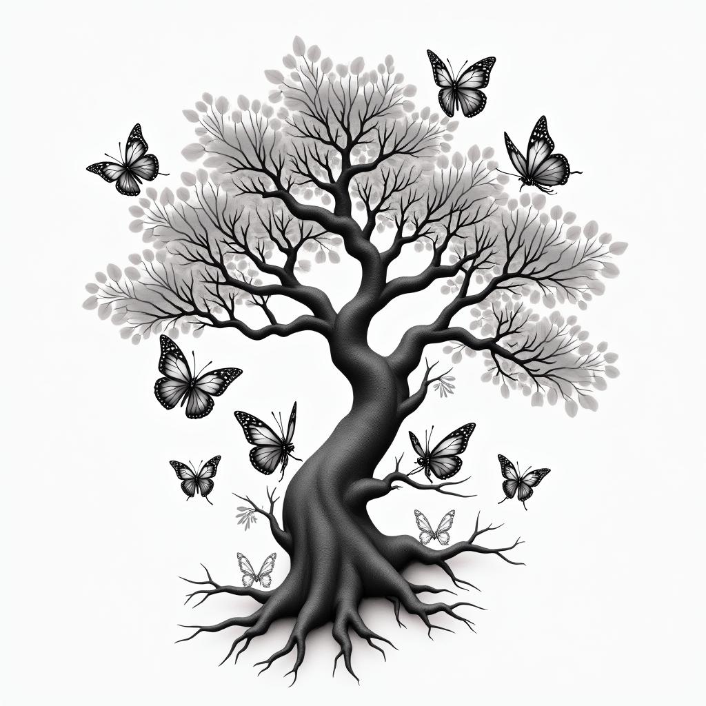 Japanese tree surrounded by 7 birth butterflies, the tree starts on the chest and a branch ends on the index finger of the left arm where the butterflies will be on the branch of the left arm around.higly detailed tattoo - Variation 6
