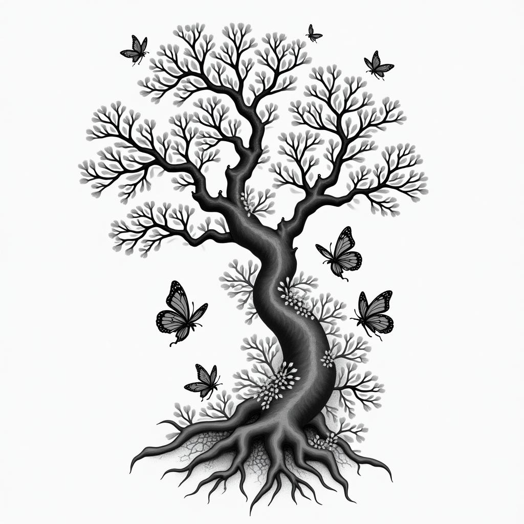 Japanese tree surrounded by 7 birth butterflies, the tree starts on the chest and a branch ends on the index finger of the left arm where the butterflies will be on the branch of the left arm around.higly detailed tattoo