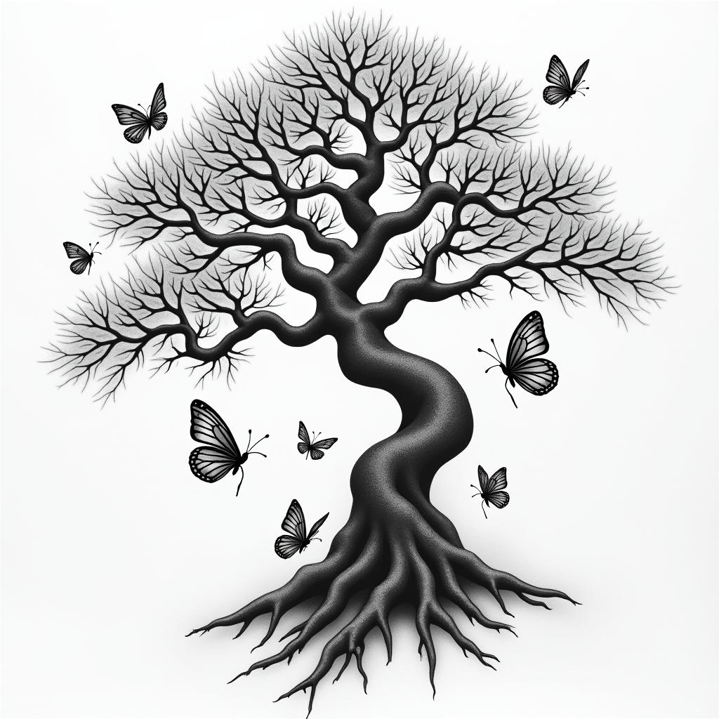 Japanese tree surrounded by 7 birth butterflies, the tree starts on the chest and a branch ends on the index finger of the left arm where the butterflies will be on the branch of the left arm around.higly detailed tattoo - Variation 3