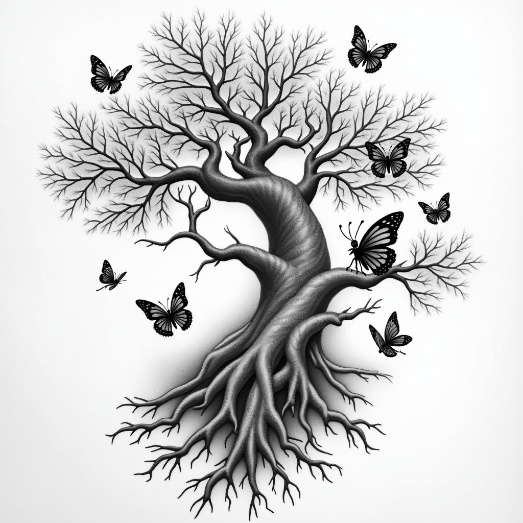 Japanese tree surrounded by 7 birth butterflies, the tree starts on the chest and a branch ends on the index finger of the left arm where the butterflies will be on the branch of the left arm around.higly detailed tattoo - Variation 4