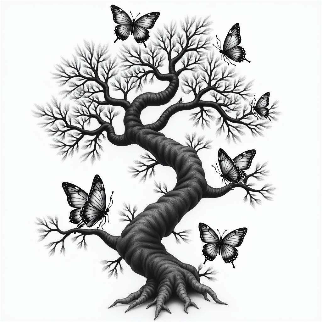 Japanese tree surrounded by 7 birth butterflies, the tree starts on the chest and a branch ends on the index finger of the left arm where the butterflies will be on the branch of the left arm around.higly detailed tattoo - Variation 2