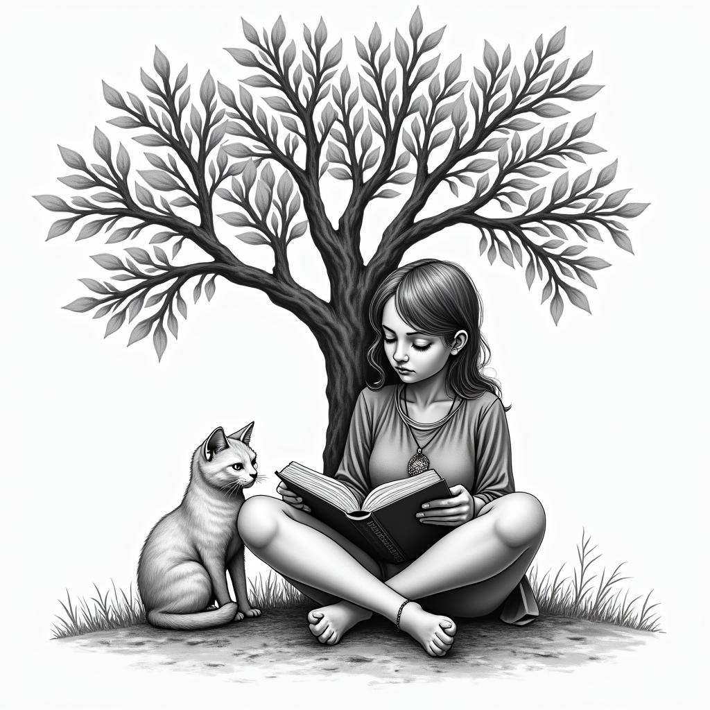 Girl under a tree reading books with three catsin bohemian style tattoo, 8k