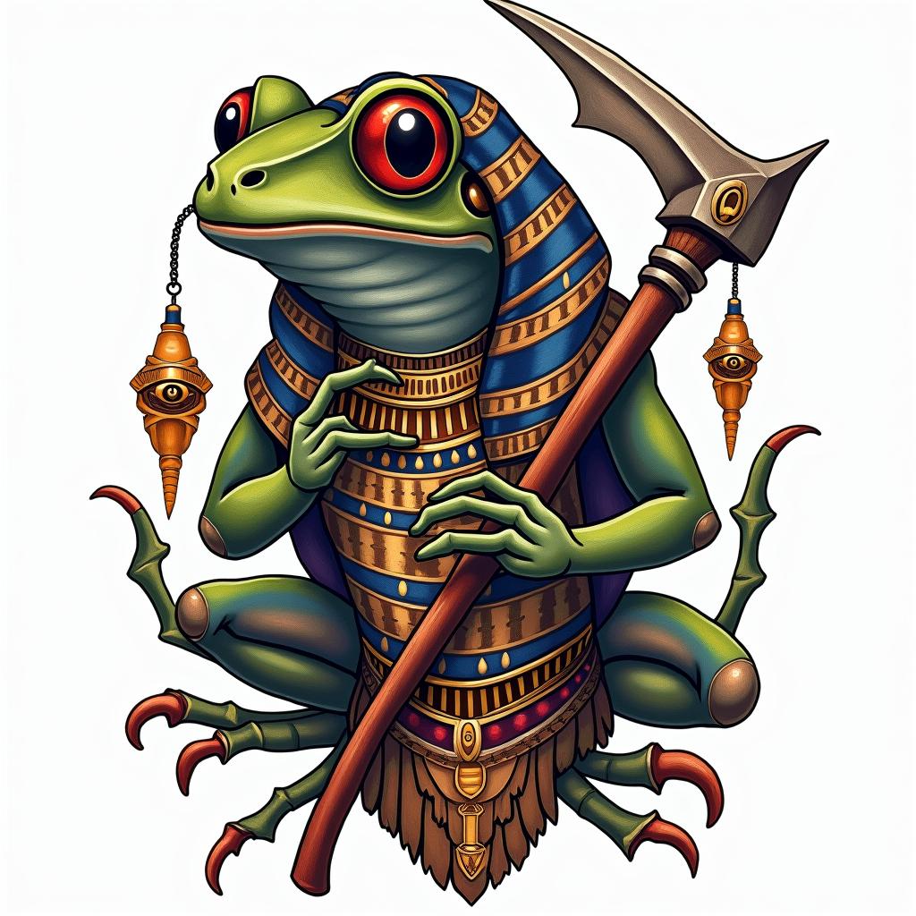 Grim Reaper frog with a scythe and rosaryin egyptian style tattoo, bold elements of ancient egyptian culture including a portrait of an Egyptian pharaoh with detailed facial features, in hieroglyphs and symbolic imagery, eye of horus, ankh symbol, scarab beetle - Variation 3