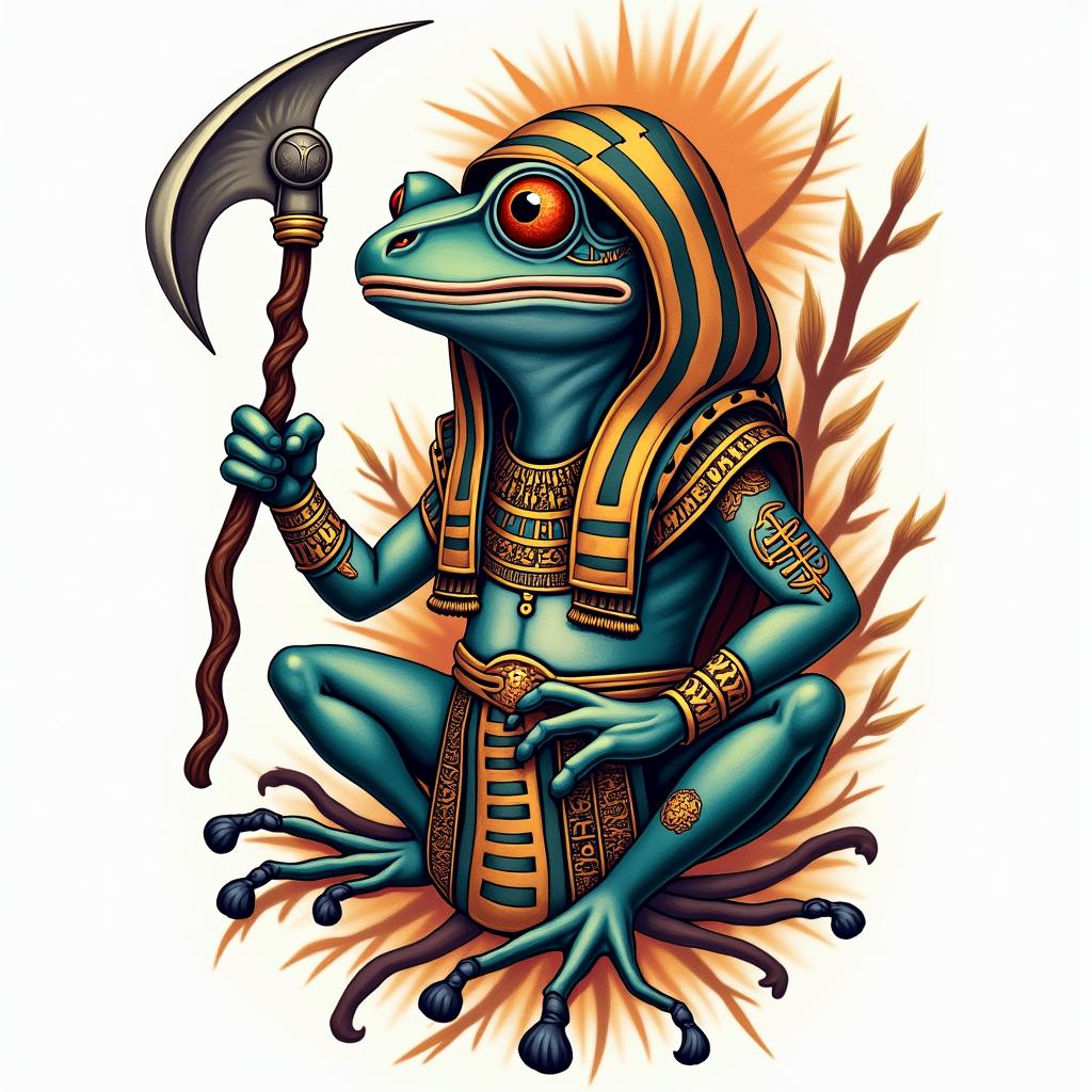 Grim Reaper frog with a scythe and rosaryin egyptian style tattoo, bold elements of ancient egyptian culture including a portrait of an Egyptian pharaoh with detailed facial features, in hieroglyphs and symbolic imagery, eye of horus, ankh symbol, scarab beetle - Variation 4