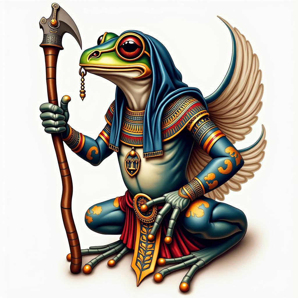 Grim Reaper frog with a scythe and rosaryin egyptian style tattoo, bold elements of ancient egyptian culture including a portrait of an Egyptian pharaoh with detailed facial features, in hieroglyphs and symbolic imagery, eye of horus, ankh symbol, scarab beetle - Variation 2