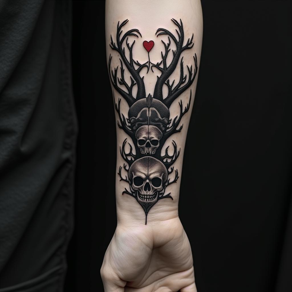 Emilson, poison tree, scorpio, heart in horror tattoo style, showcasing haunting and unsettling, dark and gritty textures with skulls, eerie faces, jgged designs, bold and intense shading - Variation 4