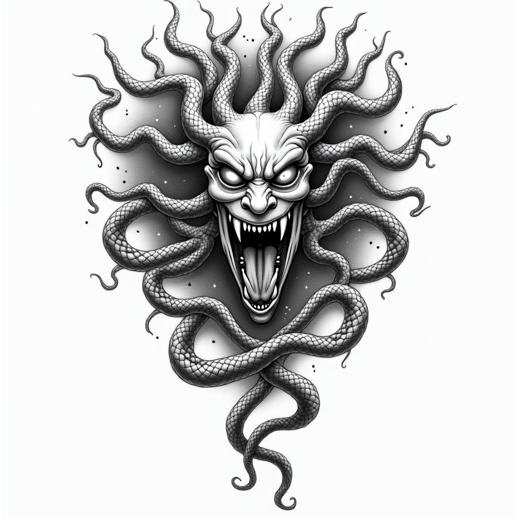 An evil Medusain japanese style tattoo, detailed tattoo, traditional japanese culture tattoo, mythology, 8k
