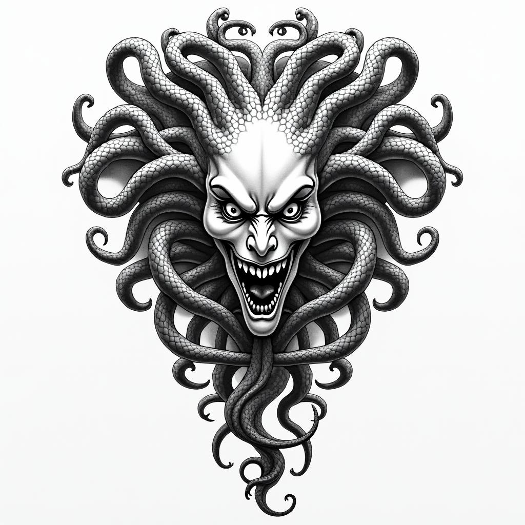 An evil Medusain japanese style tattoo, detailed tattoo, traditional japanese culture tattoo, mythology, 8k - Variation 3