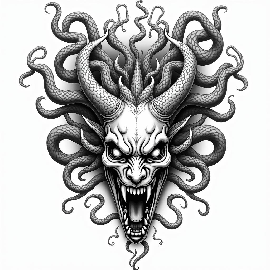 An evil Medusain japanese style tattoo, detailed tattoo, traditional japanese culture tattoo, mythology, 8k - Variation 4