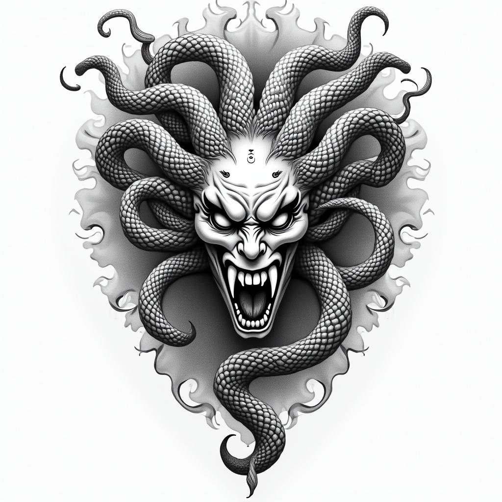 An evil Medusain japanese style tattoo, detailed tattoo, traditional japanese culture tattoo, mythology, 8k - Variation 2