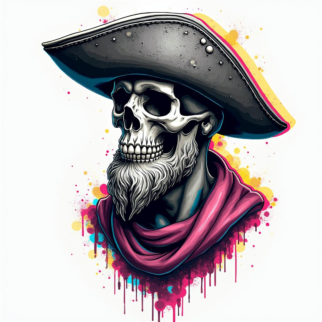 Star surf punk skull piratein distorted and fragmented tattoo design, featuring a classical statue bust, in a glitch art style with vibrant, overlapping colors of cyan, magenta, and yellow, creating a digital distortion effect - Variation 2