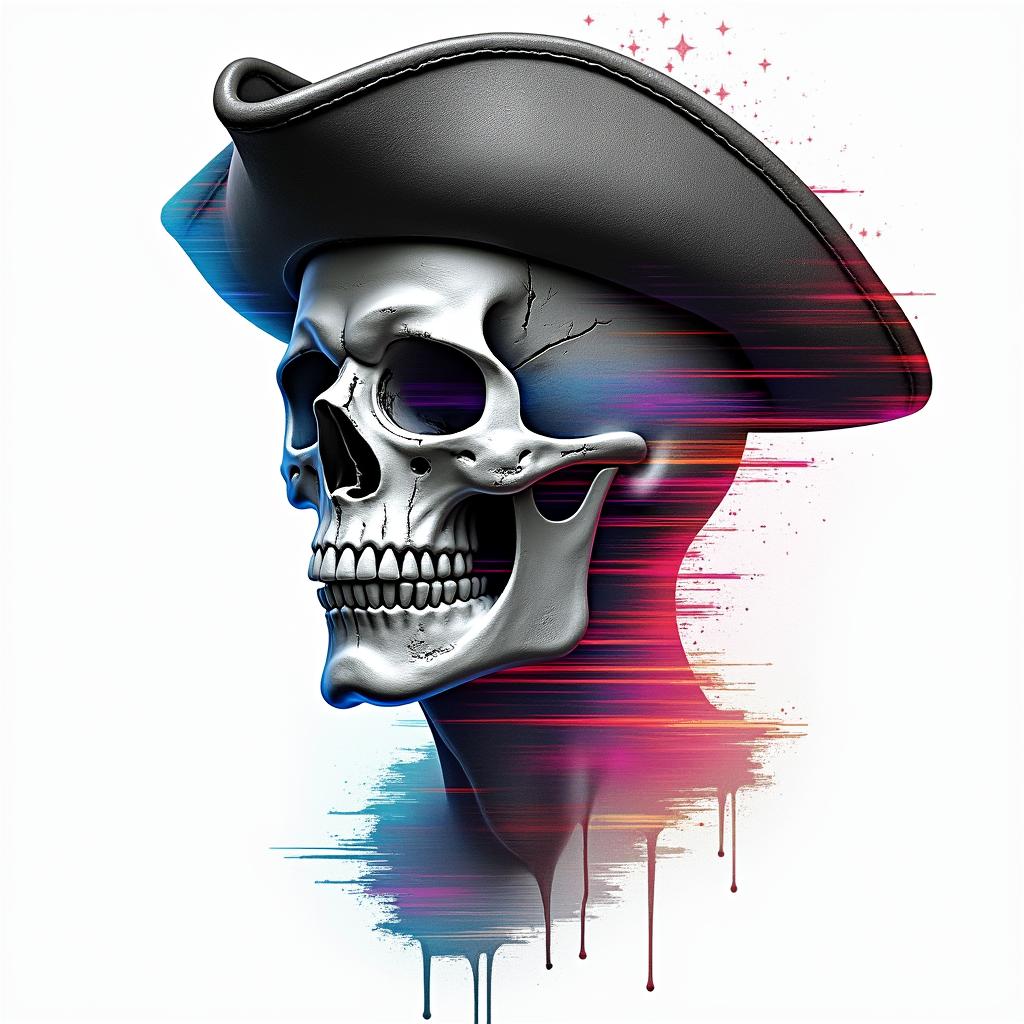 Star surf punk skull piratein distorted and fragmented tattoo design, featuring a classical statue bust, in a glitch art style with vibrant, overlapping colors of cyan, magenta, and yellow, creating a digital distortion effect
