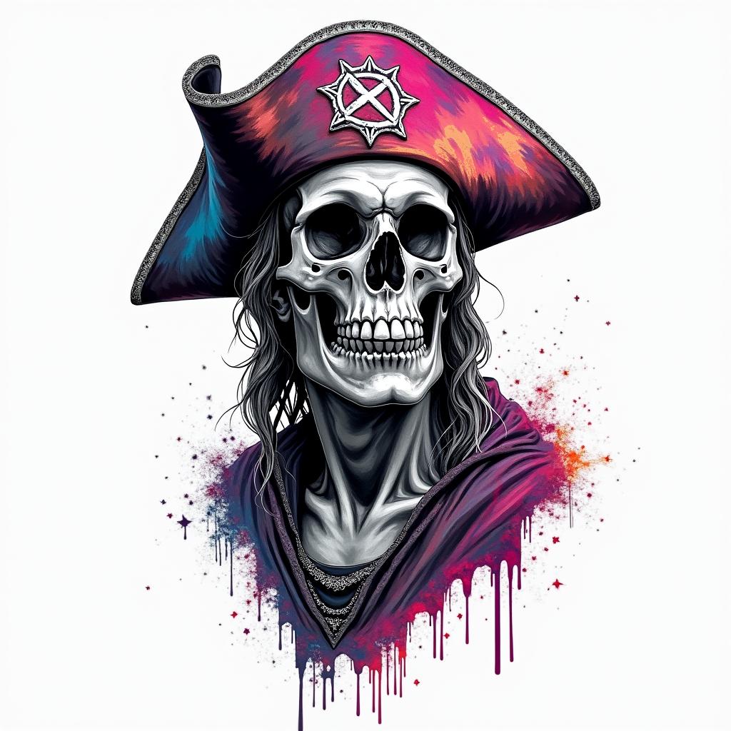 Star surf punk skull piratein distorted and fragmented tattoo design, featuring a classical statue bust, in a glitch art style with vibrant, overlapping colors of cyan, magenta, and yellow, creating a digital distortion effect - Variation 3