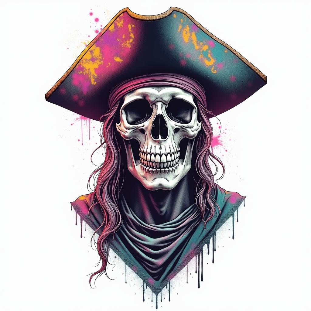 Star surf punk skull piratein distorted and fragmented tattoo design, featuring a classical statue bust, in a glitch art style with vibrant, overlapping colors of cyan, magenta, and yellow, creating a digital distortion effect - Variation 4