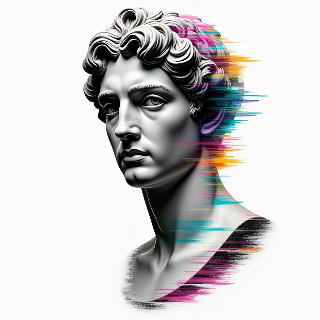 Thiago Marangoni, Pisces, 28 years old, Sumaréin distorted and fragmented tattoo design, featuring a classical statue bust, in a glitch art style with vibrant, overlapping colors of cyan, magenta, and yellow, creating a digital distortion effect - Variation 3