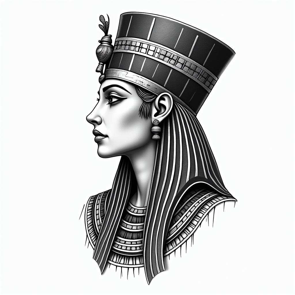 Leo, Woman, Lovein egyptian style tattoo, bold elements of ancient egyptian culture including a portrait of an Egyptian pharaoh with detailed facial features, in hieroglyphs and symbolic imagery, eye of horus, ankh symbol, scarab beetle - Variation 1