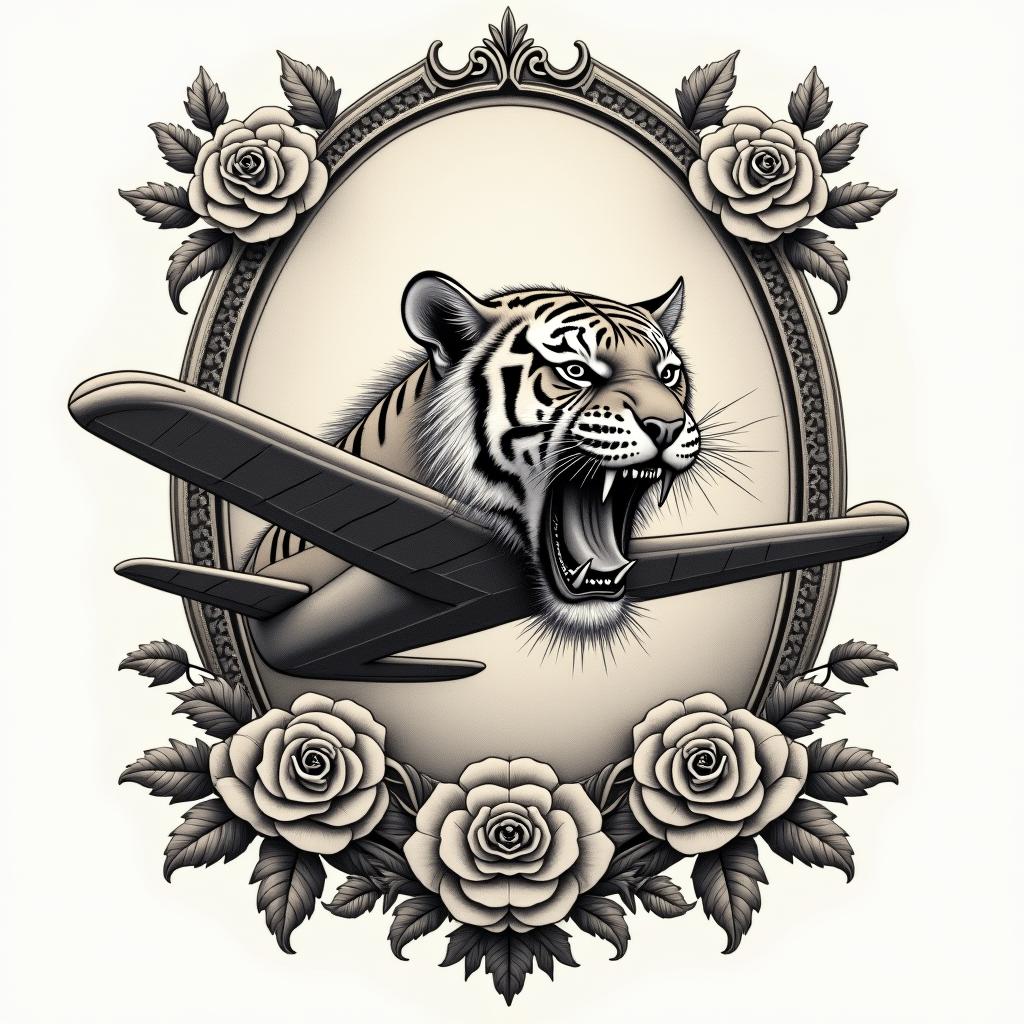 Airplane, tiger, mechanicalin victorian style tattoo, featuring vintage and elegant elements, ornate frames, roses, antique, sepia-toned color scheme