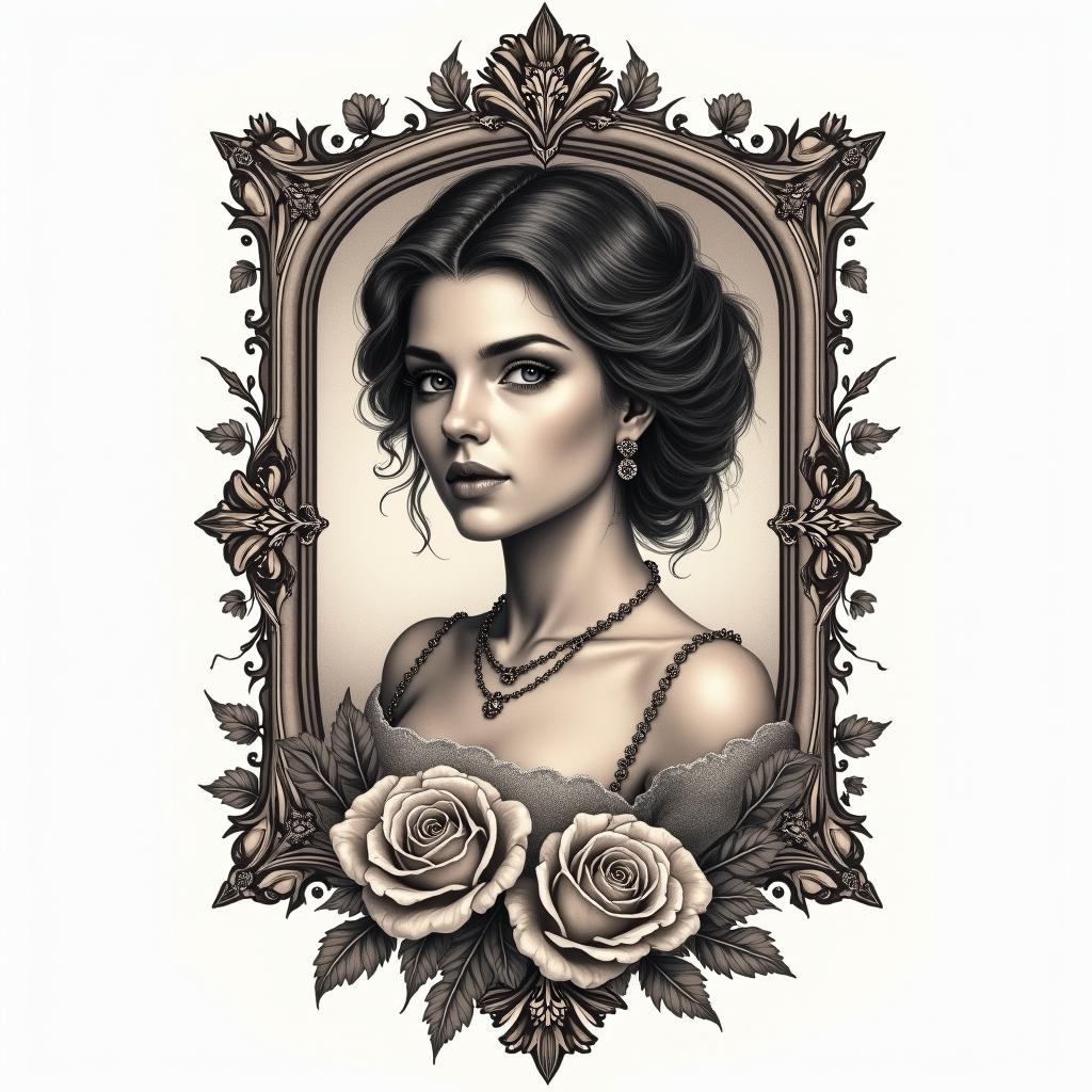 Serena, scorpio, Kentuckyin victorian style tattoo, featuring vintage and elegant elements, ornate frames, roses, antique, sepia-toned color scheme - Variation 2