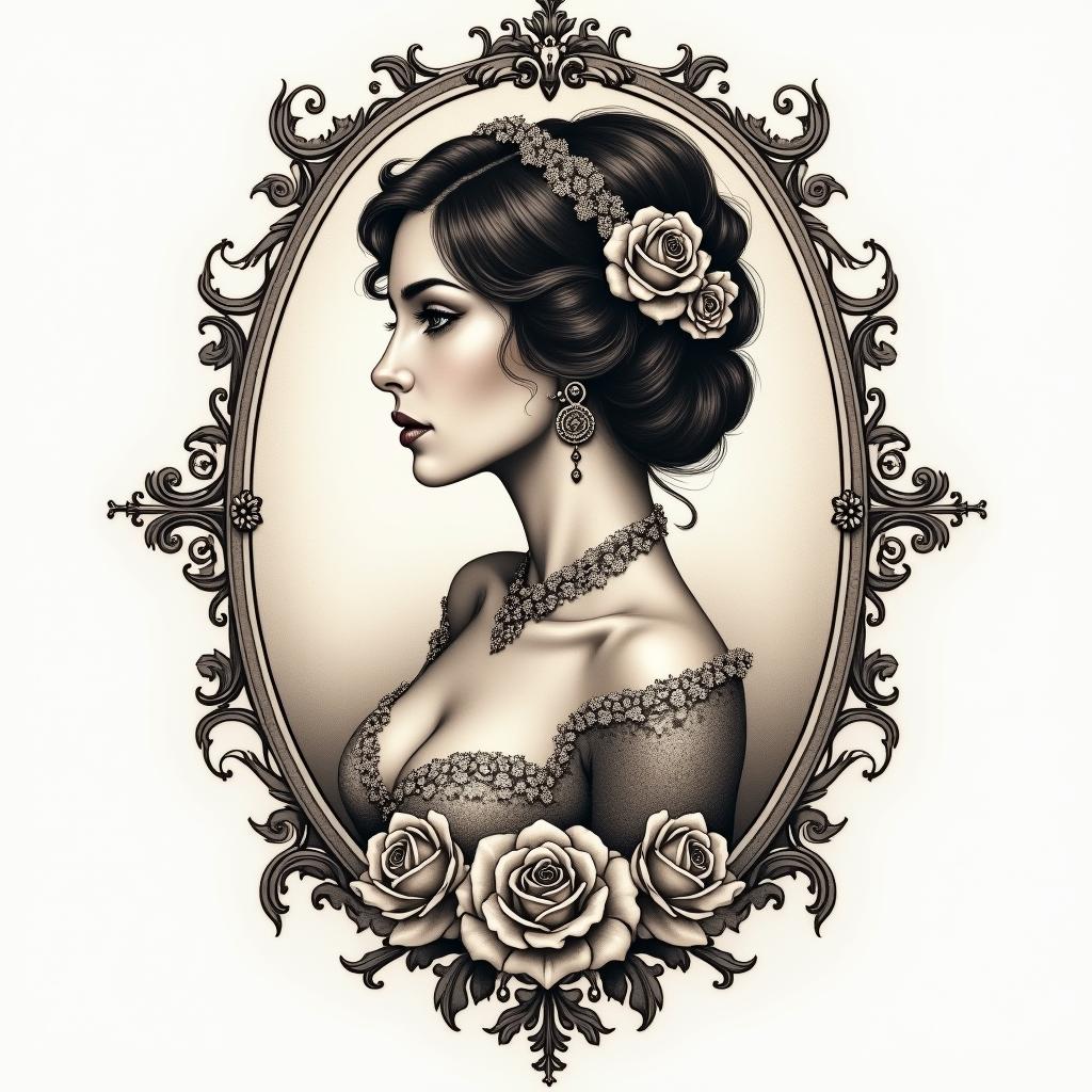 Serena, scorpio, Kentuckyin victorian style tattoo, featuring vintage and elegant elements, ornate frames, roses, antique, sepia-toned color scheme