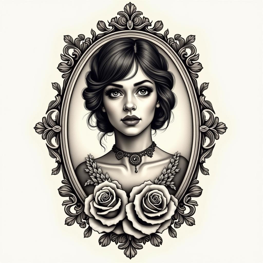 Serena, scorpio, Kentuckyin victorian style tattoo, featuring vintage and elegant elements, ornate frames, roses, antique, sepia-toned color scheme - Variation 4
