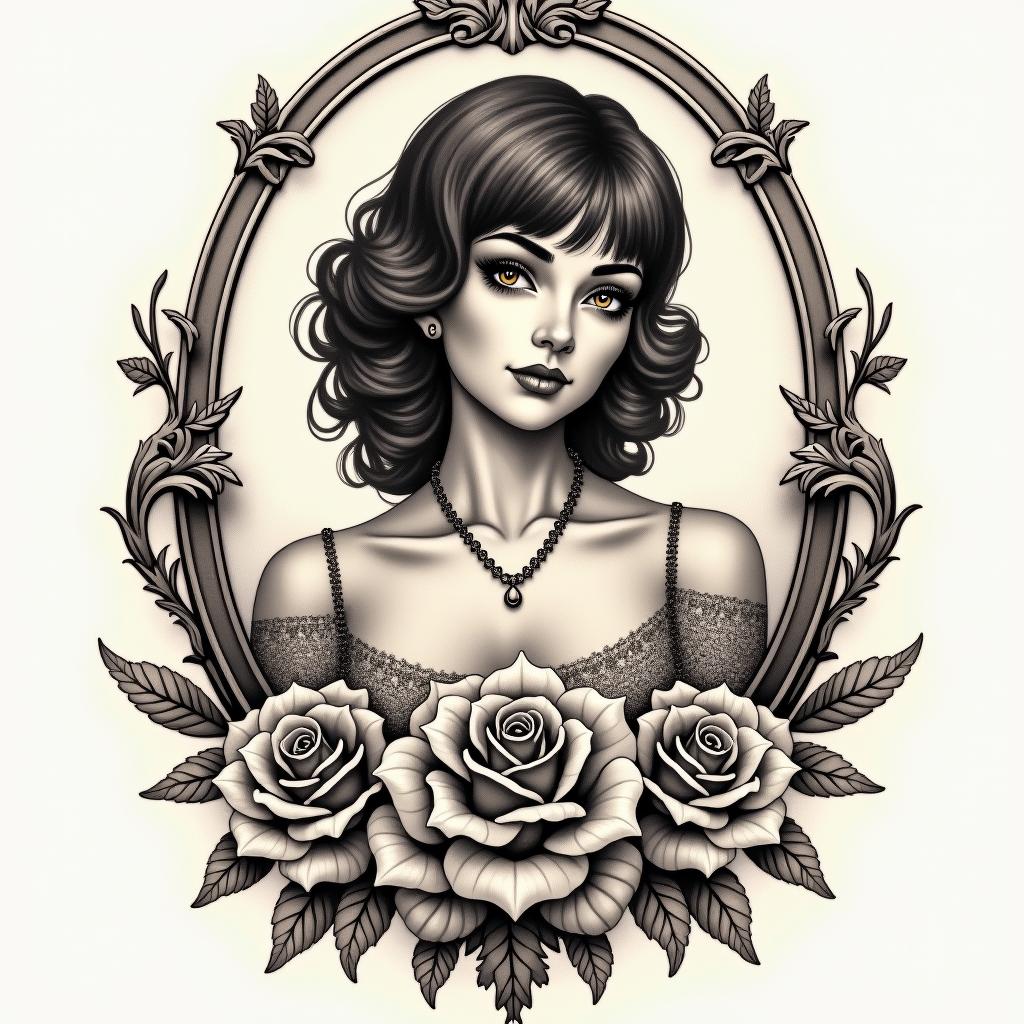 Serena, scorpio, Kentuckyin victorian style tattoo, featuring vintage and elegant elements, ornate frames, roses, antique, sepia-toned color scheme - Variation 3