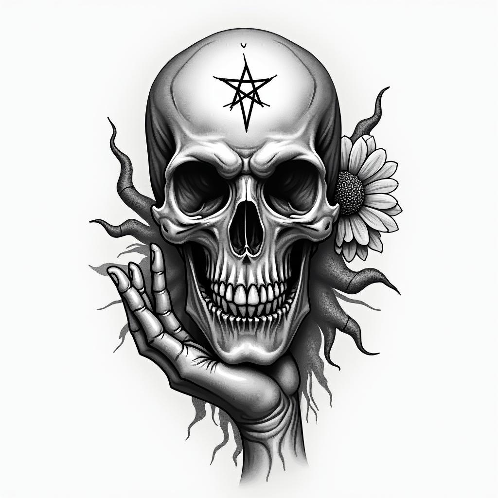 I witch hand holding a flowercreepy horror tattoo style, featuring an eerie and unsettling skull of a demonic creature, distorted face with sharp fangs, add pentagram symbol - Variation 4