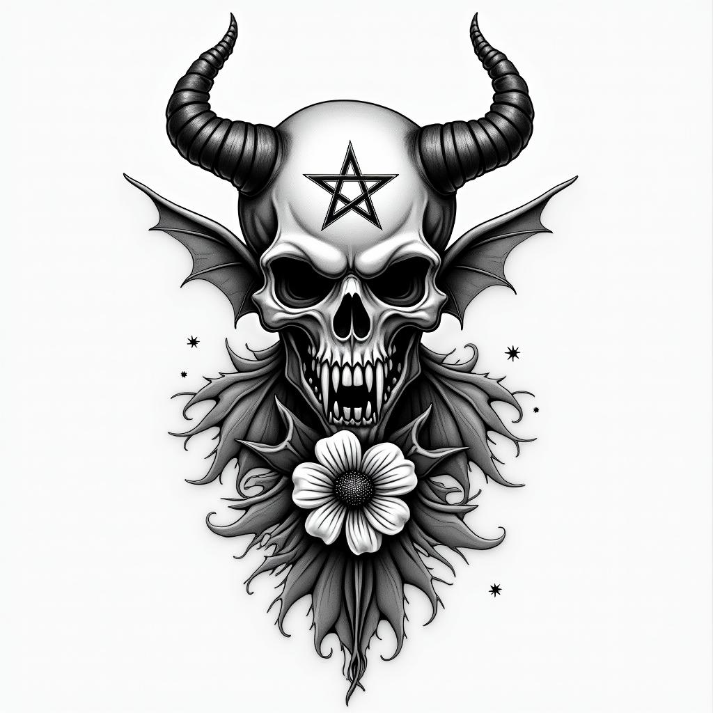 I witch hand holding a flowercreepy horror tattoo style, featuring an eerie and unsettling skull of a demonic creature, distorted face with sharp fangs, add pentagram symbol - Variation 2