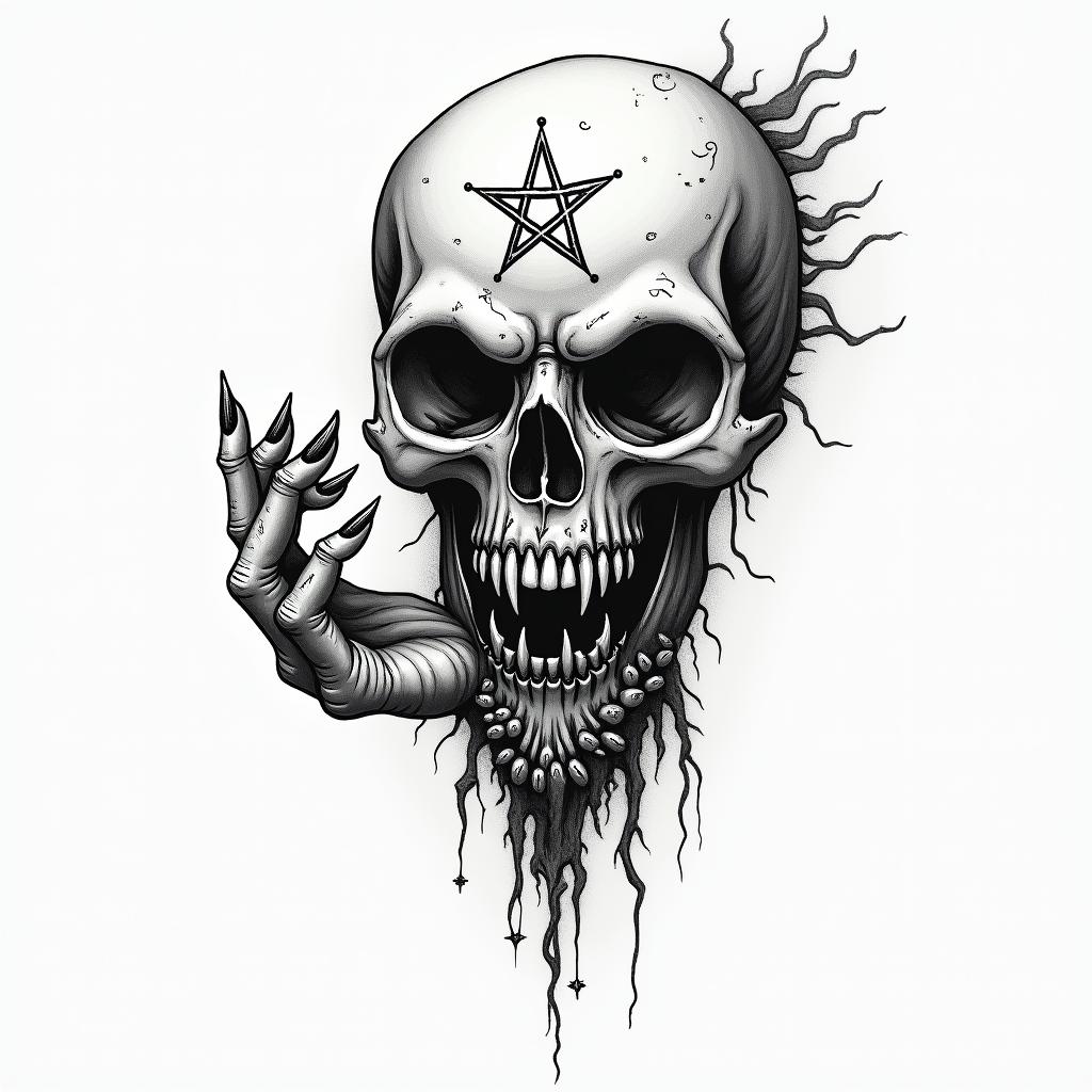 I witch hand holding a flowercreepy horror tattoo style, featuring an eerie and unsettling skull of a demonic creature, distorted face with sharp fangs, add pentagram symbol