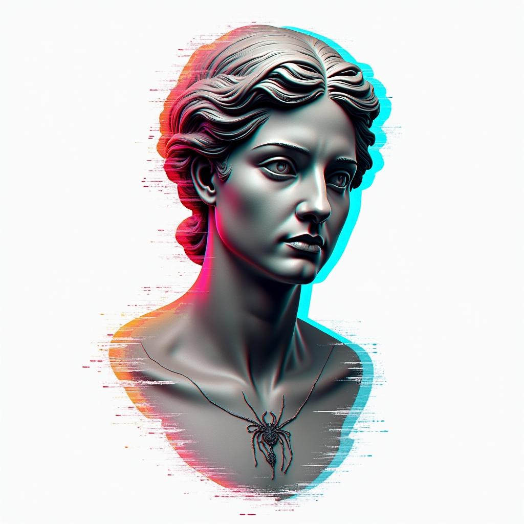 Spiderin distorted and fragmented tattoo design, featuring a classical statue bust, in a glitch art style with vibrant, overlapping colors of cyan, magenta, and yellow, creating a digital distortion effect - Variation 3