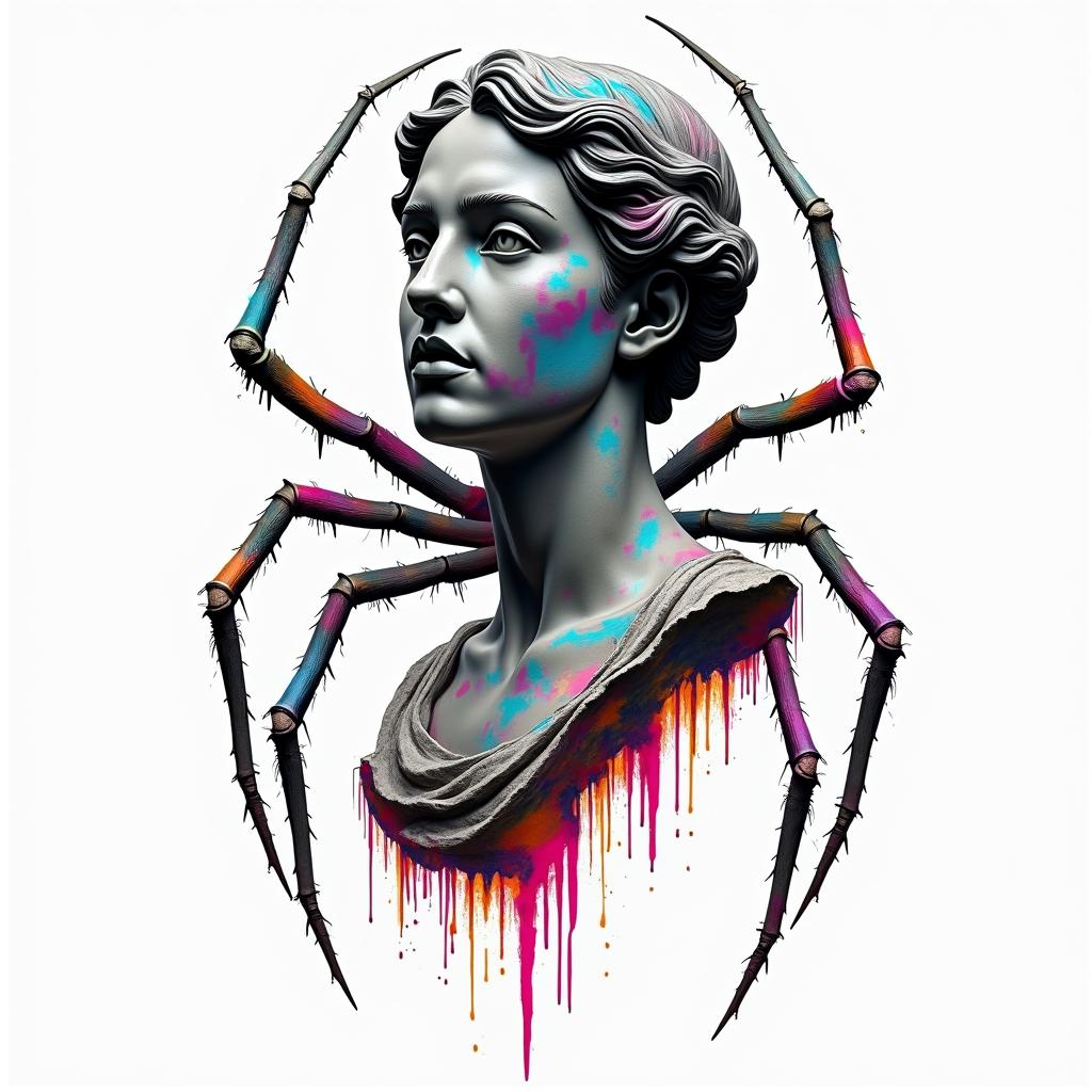Spiderin distorted and fragmented tattoo design, featuring a classical statue bust, in a glitch art style with vibrant, overlapping colors of cyan, magenta, and yellow, creating a digital distortion effect - Variation 4