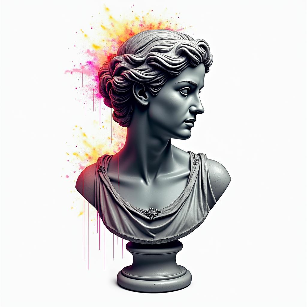 Spiderin distorted and fragmented tattoo design, featuring a classical statue bust, in a glitch art style with vibrant, overlapping colors of cyan, magenta, and yellow, creating a digital distortion effect - Variation 2