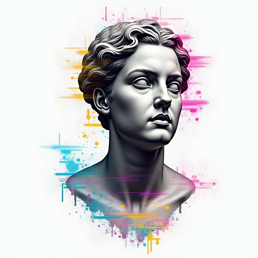 Spiderin distorted and fragmented tattoo design, featuring a classical statue bust, in a glitch art style with vibrant, overlapping colors of cyan, magenta, and yellow, creating a digital distortion effect