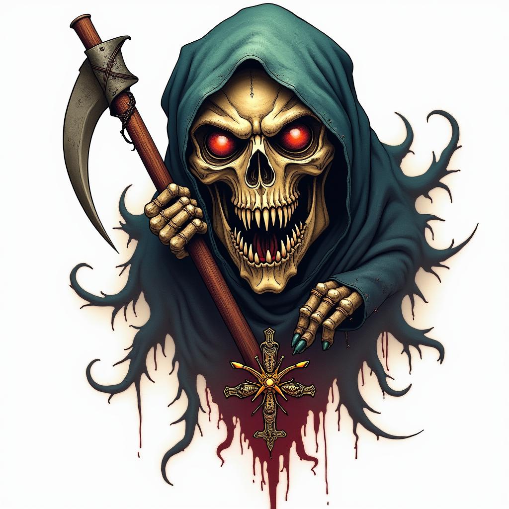 Grim Reaper frog with a scythe and rosarycreepy horror tattoo style, featuring an eerie and unsettling skull of a demonic creature, distorted face with sharp fangs, add pentagram symbol - Variation 3