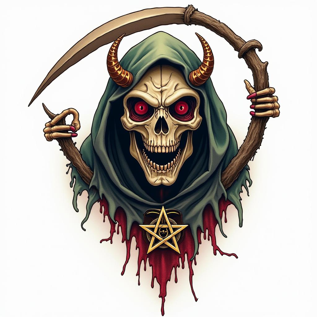 Grim Reaper frog with a scythe and rosarycreepy horror tattoo style, featuring an eerie and unsettling skull of a demonic creature, distorted face with sharp fangs, add pentagram symbol - Variation 2