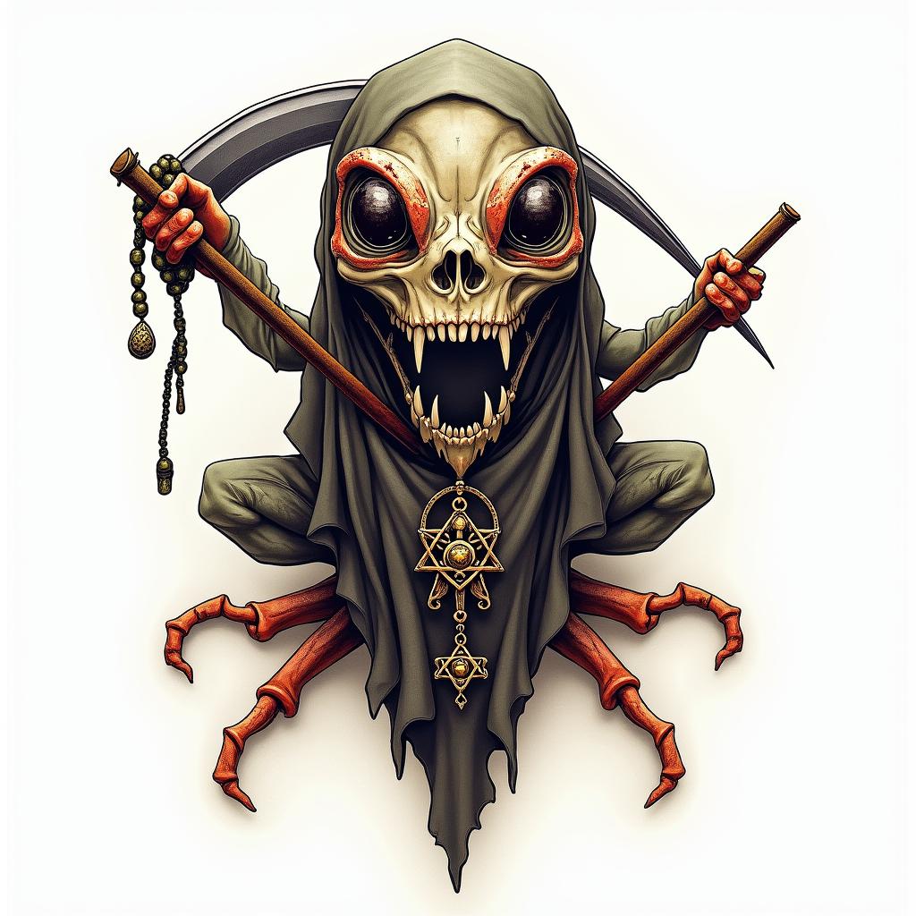 Grim Reaper frog with a scythe and rosarycreepy horror tattoo style, featuring an eerie and unsettling skull of a demonic creature, distorted face with sharp fangs, add pentagram symbol