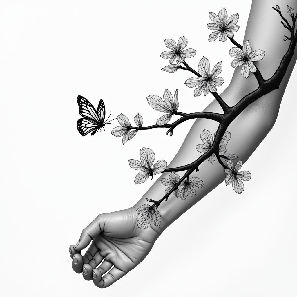 A branch of Japanese cherry blossom on the left arm that extends down to the index finger with 7 birth butterflies of a child.higly detailed tattoo - Variation 3