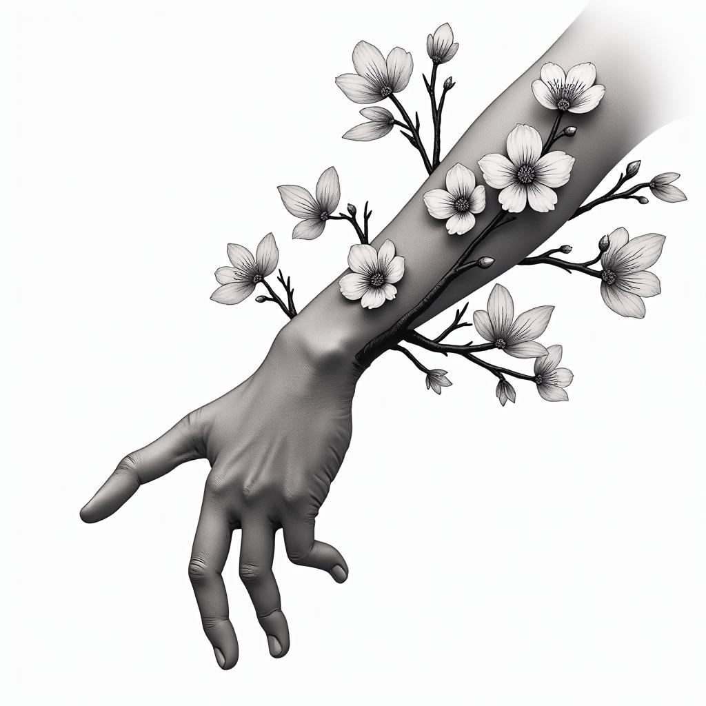 A branch of Japanese cherry blossom on the left arm that extends down to the index finger with 7 birth butterflies of a child.higly detailed tattoo