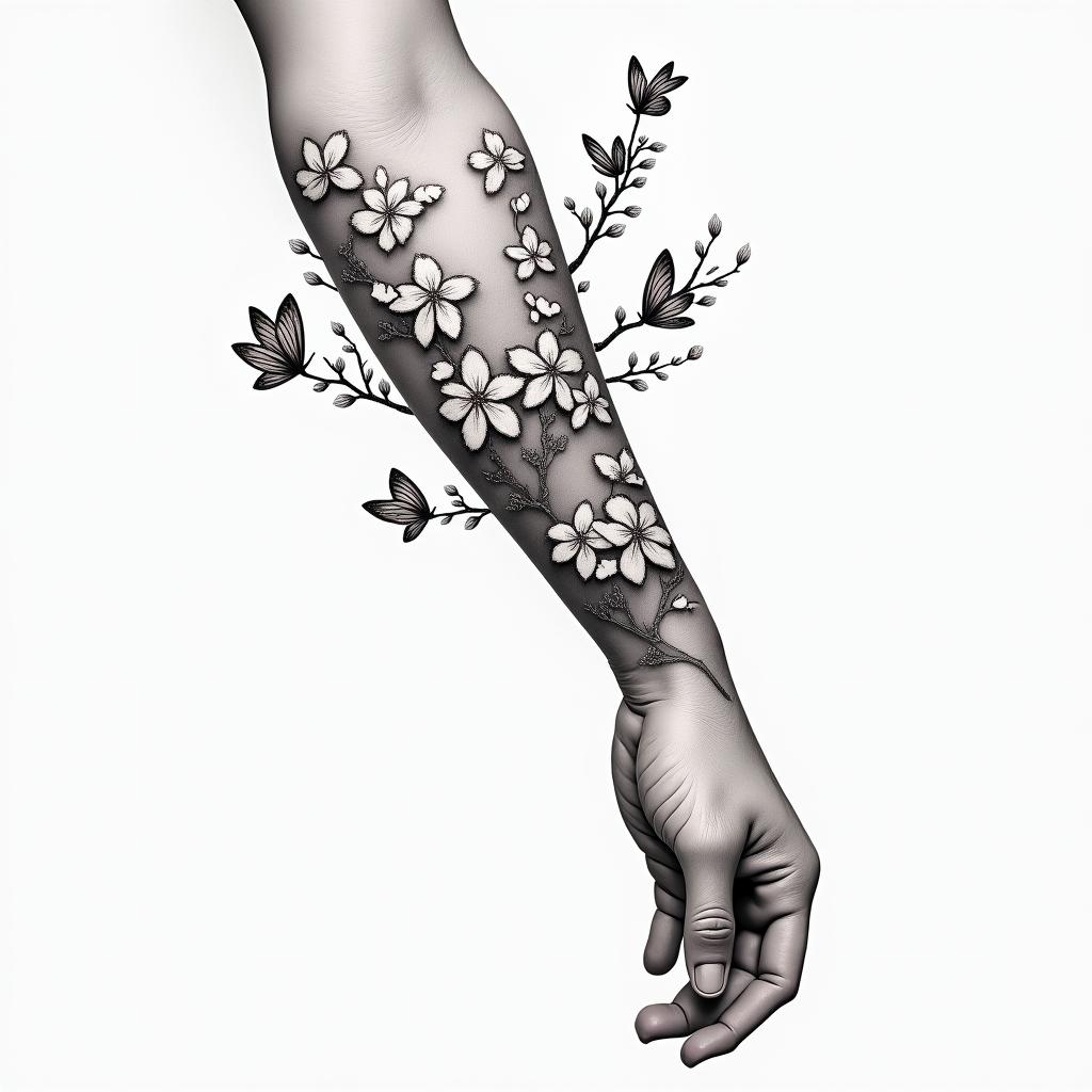 A branch of Japanese cherry blossom on the left arm that extends down to the index finger with 7 birth butterflies of a child.higly detailed tattoo - Variation 2